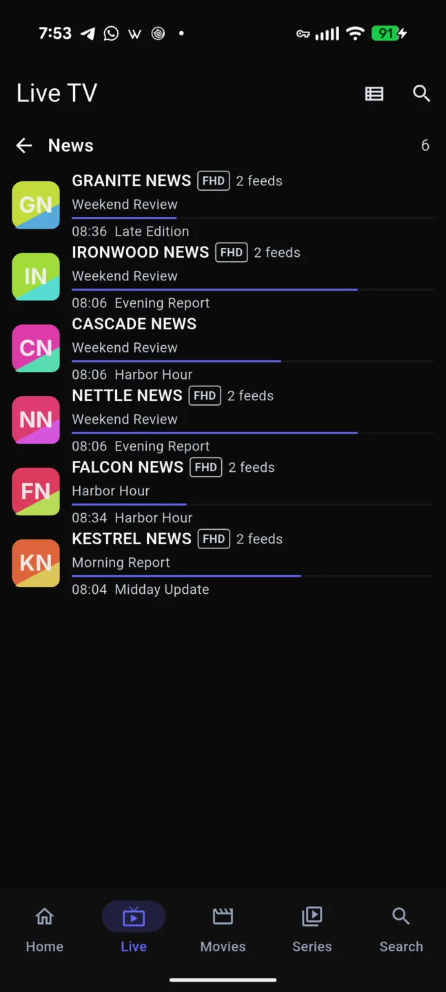 Phone live channel list where each row shows a channel badge, quality and feed count, what is on now with a progress bar, and what is on next.