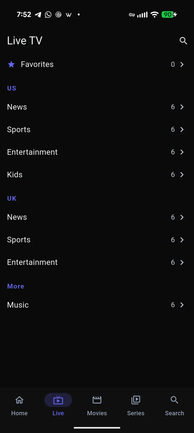Phone Live TV categories list with Favorites at the top and groups by country, each with a channel count.