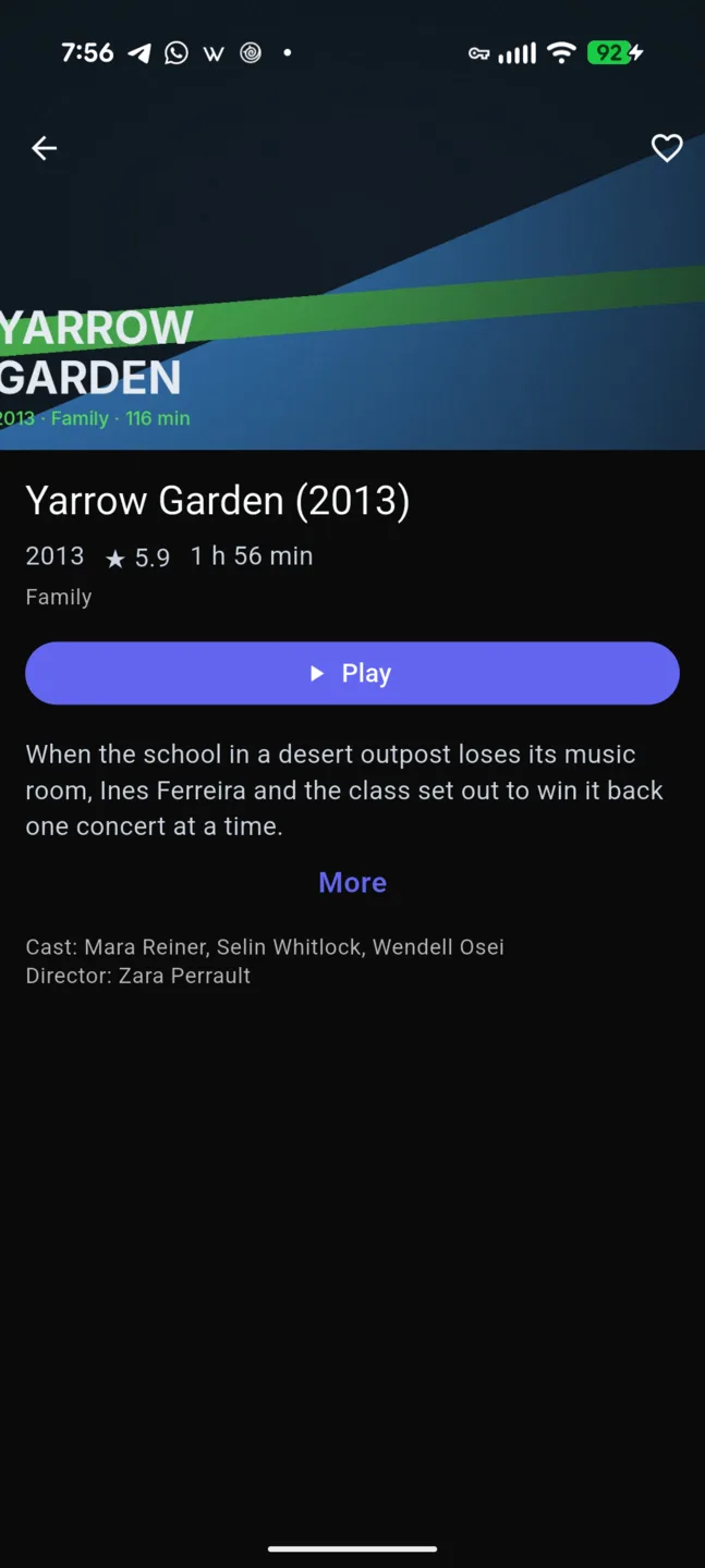 Phone movie detail page with artwork, year, rating, run time, a Play button, a synopsis and cast.