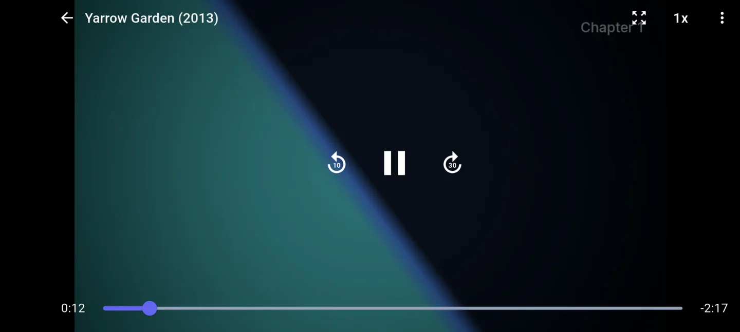 Phone movie player in landscape with skip back 10 seconds, pause, skip forward 30 seconds, a speed button and a progress bar.