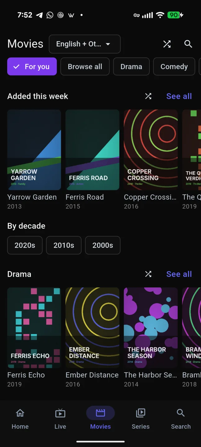 Phone Movies tab with a language filter, genre chips, an Added this week row, decade buttons and a row of poster cards.
