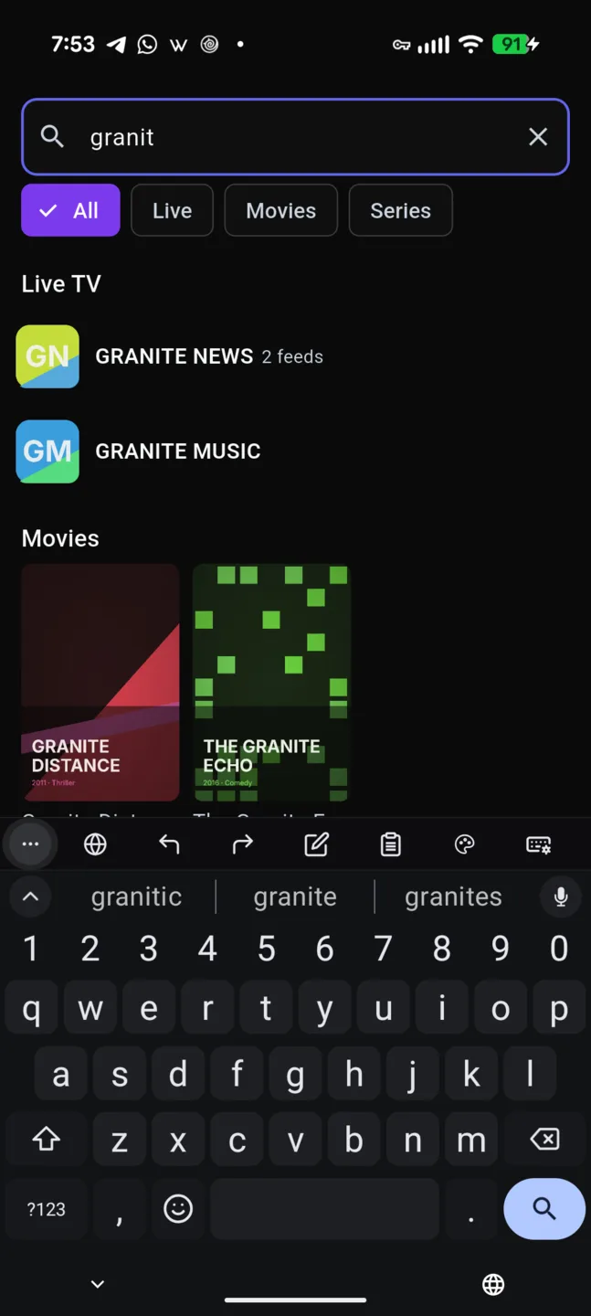 Phone search with a misspelled word typed in, filter chips for All, Live, Movies and Series, and matching channels and movies below.
