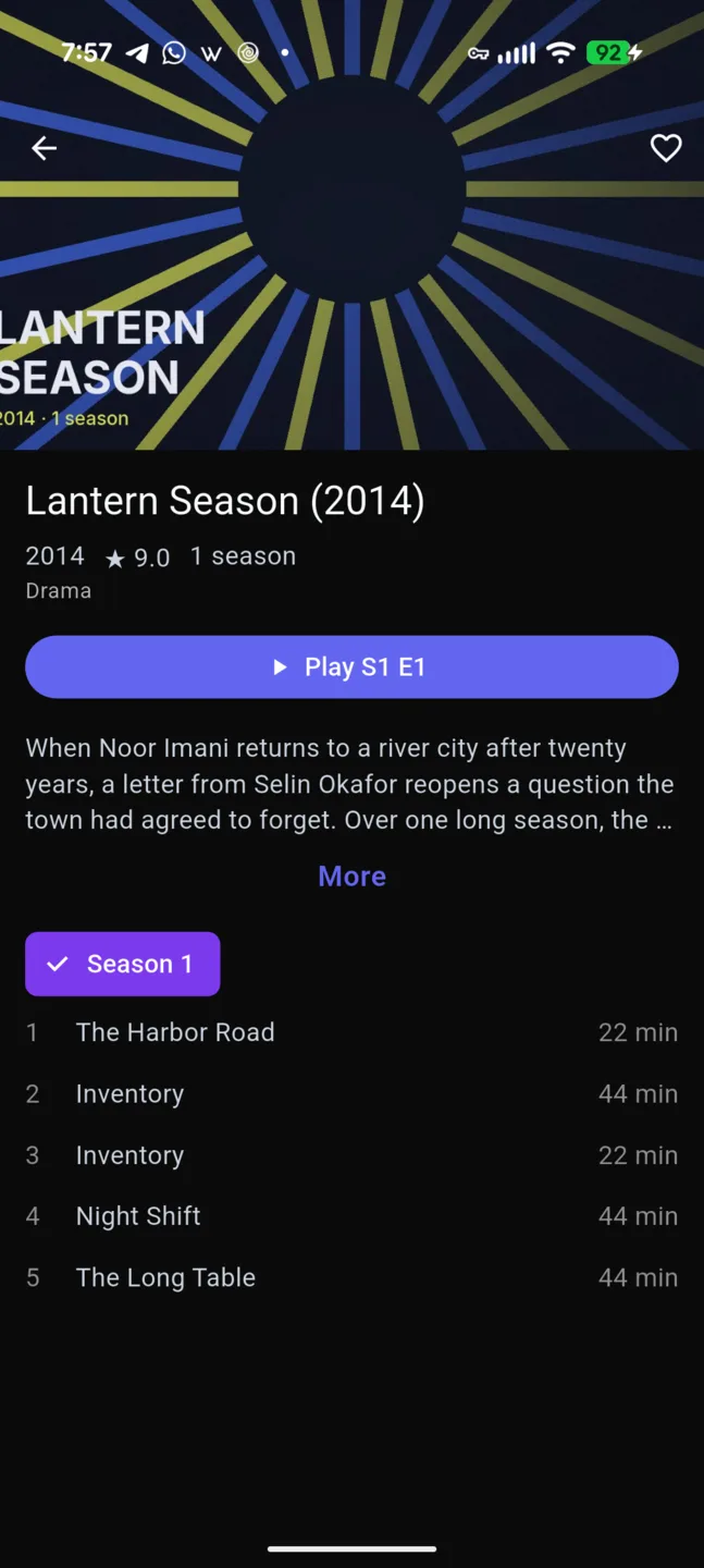 Phone series detail page with artwork, year, rating, a Play button for the first episode, a synopsis, a season picker and an episode list with run times.