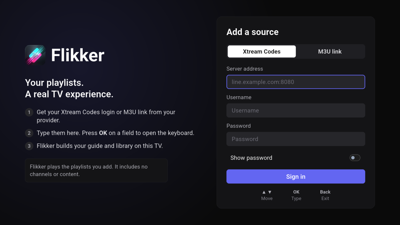TV sign-in screen with empty fields for server address, username and password.