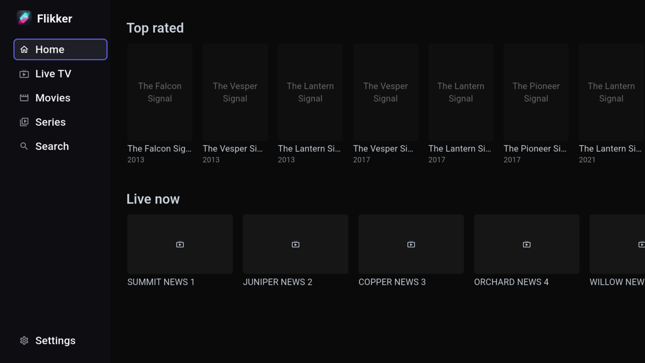 Flikker TV home screen with the menu open on the left and rows of titles.