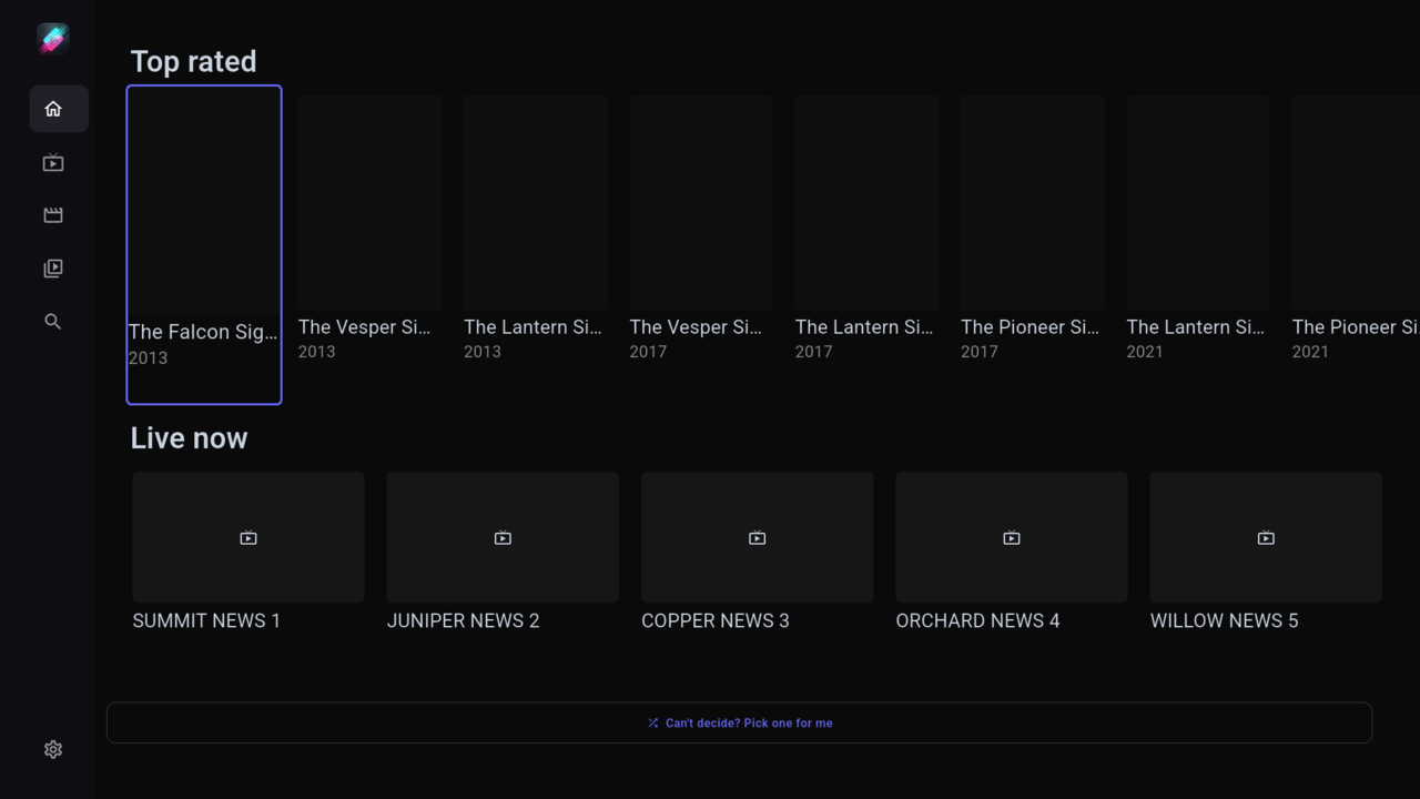 TV home screen with rows of titles and a Pick one for me button.
